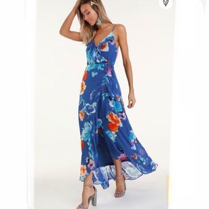 Lulu’s Ladean Royal Blue Floral Print Ruffled Wrap Maxi Dress